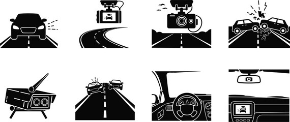 Black car dashboard camera icon set, road accident recording, safety monitoring, traffic surveillance, and vehicle control technology vector illustration