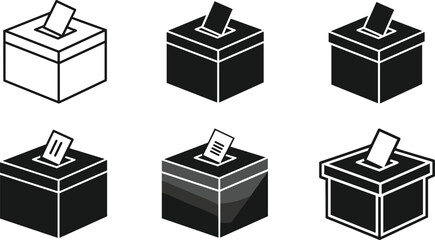 Black and white ballot box vector icons with voting paper for election, democracy, political decision, and government voting concept design