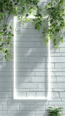 White Brick Wall with Green Vines and Light Rectangle