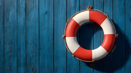 Brightly colored buoyancy ring hangs on a distressed blue wooden surface