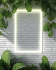 White Brick Wall with Neon Rectangle and Green Foliage