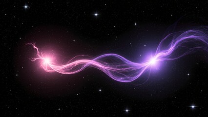 "Celestial Embrace": An abstract cosmic scene where two small, glowing nebulae&mdash;one in soft rose pink and the other in a gentle lavender&mdash;are subtly reaching out, their faint tendrils of stardust.