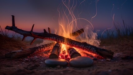 "Whispers of Warmth": A close-up of a carefully arranged bonfire with glowing embers and faint smoke rising. Two small, smooth, dark river stones are placed side-by-side, subtly warmed by the fire.