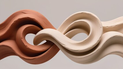 "Sculpted Emotion": A 3D render of two abstract, flowing forms, reminiscent of ribbons or waves, made of a matte, textured clay material. One form is a deep terracotta.