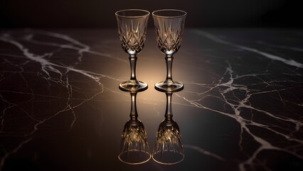 "Reflective Connection": A still life of two empty, antique crystal champagne flutes, positioned very close on a highly polished black marble surface. 