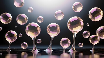 "Gentle Ascent": A conceptual image depicting a cluster of abstract, translucent bubbles, shimmering with iridescent pink and gold hues, slowly ascending from a dark, reflective surface.