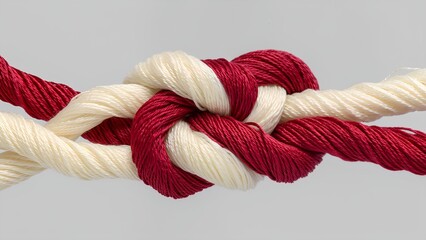 "Woven Bonds": A macro shot of two distinct threads&mdash;one a deep crimson silk, the other a soft ivory wool&mdash;expertly woven together to form an intricate, symmetrical knot.