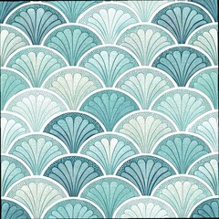 Seamless art deco repeating pattern featuring stylized scallop shell shapes and intricate blue line art texture