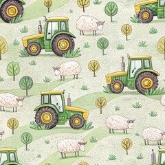 Seamless pattern of cute green and yellow farm tractors alongside fluffy white sheep on rolling green hills