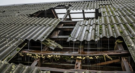 Damaged roof with broken tiles and exposed wooden beams.