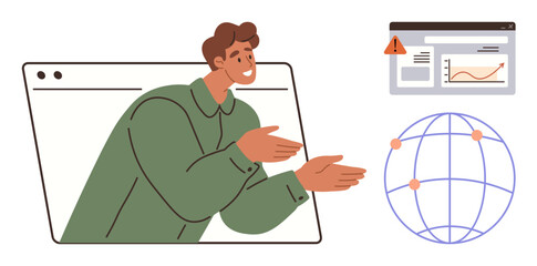 Man emerging from a browser window explaining global networking, data analytics, and online growth. Ideal for education, tech, communication, remote work, web development, digital trends