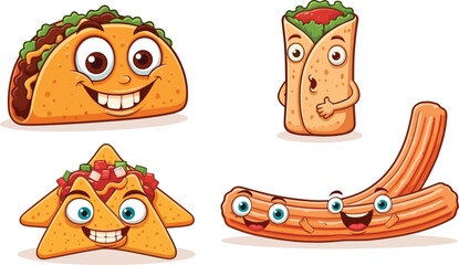 Funny cartoon taco burrito nachos and churro characters, cute smiling Mexican food illustration, happy snack mascot vector, white background