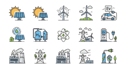 A modern line icon set representing sustainable energy sources, power plants, electric grid infrastructure, and green technology