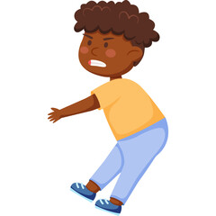 Angry Young Boy With Brown Curly Hair Wearing Yellow T Shirt And Blue Jeans Falling Down Against White Background Detailed Cartoon Style