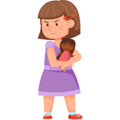 Angry Young Girl Holding a Doll with Arms Crossed in a Purple Dress and Red Shoes on a White Background