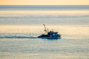 A fishing boat returning from a hunt in the Black Sea with seagulls