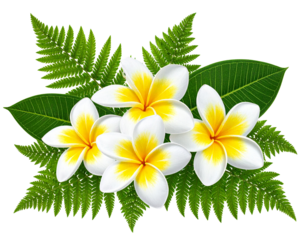 A beautiful floral arrangement featuring white and yellow plumeria (frangipani) flowers with vibrant green fern and leaves. The petals are soft and realistic with gentle shading, and the composition h