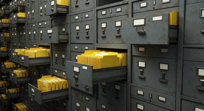 Massive wall of industrial metal filing cabinets filled with bright yellow document folders