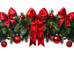 Festive Christmas Garland with Red Bows and Ornaments, Horizontal Layout, PNG Transparent Background 