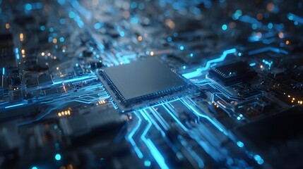 Close up view of glowing blue data streams illuminating complex electronic circuitry and a central processing unit