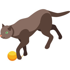 Brown Cat Playing With A Yellow Ball On A Transparent Background Flat Design Isometric Vector Illustration