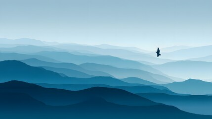 Fototapeta premium Layered blue mountain ranges stretch toward a pale horizon under a vast sky with a single soaring bird