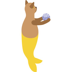 Brown Cat With Yellow Mermaid Tail Holding A Blue And White Striped Orb In A Whimsical Fantasy Creature Concept With A Transparent Background