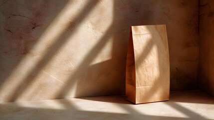 Unmarked brown paper pouch stands alone against a textured wall with dramatic light stripes