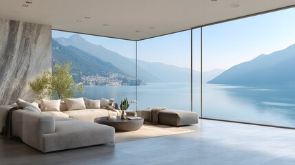 Fototapeta premium Contemporary living space features expansive glass walls overlooking a serene mountain lake vista
