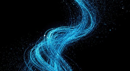 Bright blue illuminated fibers flow dynamically against a deep black background