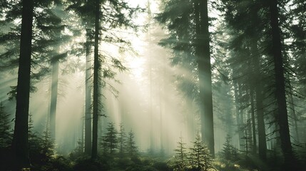 Obraz premium Sunlight streams dramatically through the mist and tall evergreen trees in a dense woodland setting