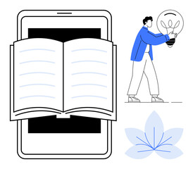 Open book on smartphone screen, man holding light bulb, abstract flower. Ideal for education, e-learning, creativity, innovation, technology self-learning and knowledge-sharing. Simple flat