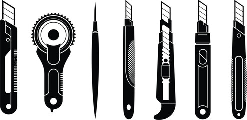 Set of various utility knives, cutting tools, craft blades, and precision cutters isolated on white background, black silhouette illustration, equipment, stationery, DIY, 