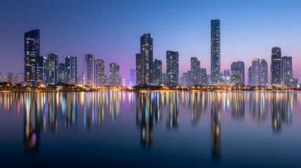 Fototapeta premium Illuminated modern high rise buildings reflect perfectly on calm water at twilight