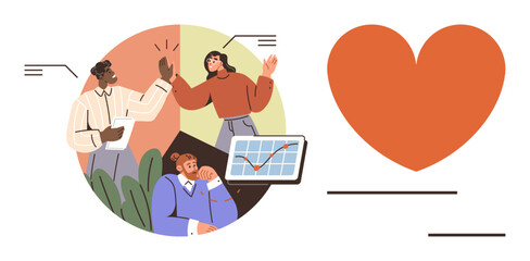 Office team celebrating with high-five, success chart, heart icon. Ideal for teamwork, collaboration, positivity, success, leadership workplace harmony motivation. A simple flat metaphor