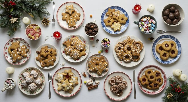 An overhead shot of christmas cookies and candies arranged on a white surface with festive decorations