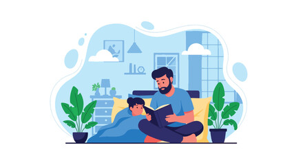 Adobe illustrator artwork vector illustration. Father reading a bedtime story to his son, a tender moment of bonding, imagination, and a peaceful evening routine