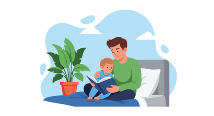 Adobe illustrator artwork vector illustration. Father reading a bedtime story to his son, a tender moment of bonding, imagination, and a peaceful evening routine