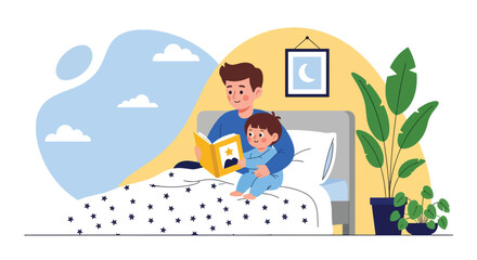 Adobe illustrator artwork vector illustration. Father reading a bedtime story to his son, a tender moment of bonding, imagination, and a peaceful evening routine