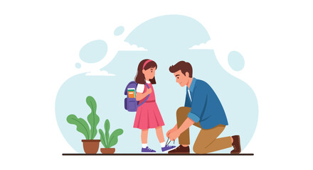 Adobe illustrator artwork vector illustration. Father tying his daughter's shoelaces, a sweet moment of parental care and preparing for school or an adventure