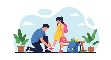 Adobe illustrator artwork vector illustration. Father tying his daughter's shoelaces, a sweet moment of parental care and preparing for school or an adventure