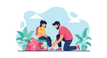 Adobe illustrator artwork vector illustration. Father tying his daughter's shoelaces, a sweet moment of parental care and preparing for school or an adventure