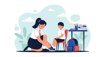 Adobe illustrator artwork vector illustration. Big sister helping her younger sister tie shoelaces, a tender scene of care, support, and school preparation