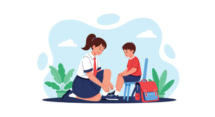 Adobe illustrator artwork vector illustration. Big sister helping her little brother tie shoelaces, a tender scene of sibling care, support, and school preparation.