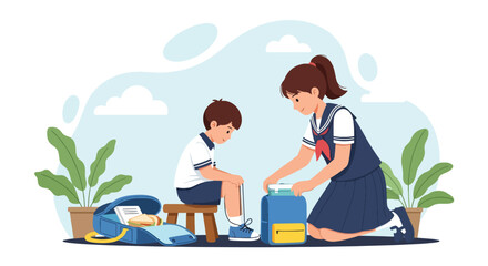 Adobe illustrator artwork vector illustration. Big sister helping her little brother tie shoelaces, a tender scene of sibling care, support, and school preparation