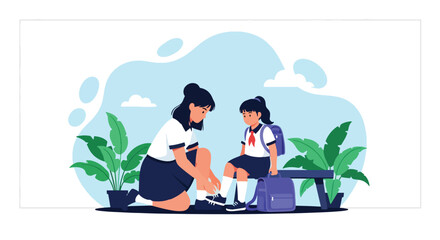 Adobe illustrator artwork vector illustration. Big sister helping her younger sister tie shoelaces, a tender scene of care, support, and school preparation