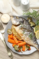 Cooked fish served with rosemary, lemon and vegetables on wooden table, flat lay