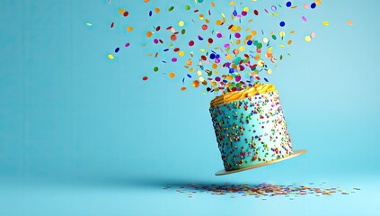 Cake explodes with confetti against a vibrant blue backdrop.
