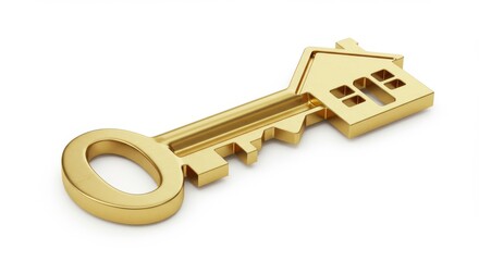Highly polished metallic gold key featuring a house silhouette cutout rests against a stark white background