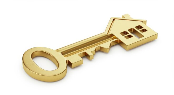 Highly polished metallic gold key featuring a house silhouette cutout rests against a stark white background